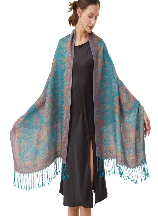 Nonakgado Turquoise Pashmina Scarf-Ladies Boho Jacquard Pashmina Wraps and Shawls for Travel Spring Fall Winter(Sy4-Turquoise) - Image 1